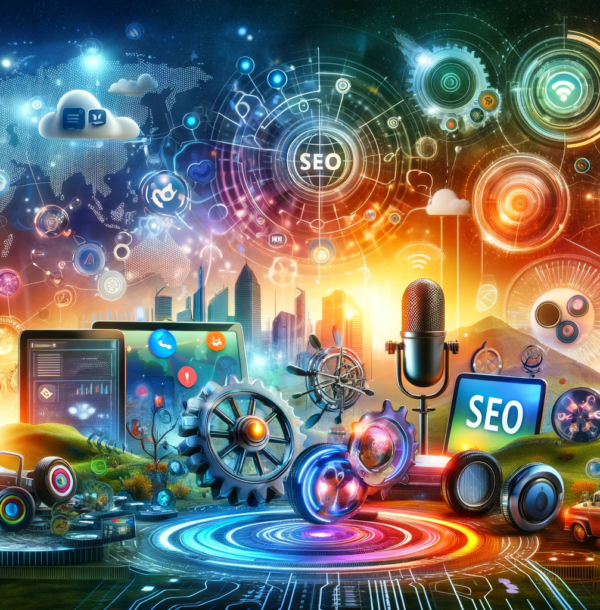 A vibrant landscape depicting the dynamic world of digital marketing, highlighting elements of social media, podcasting, SEO, and global marketing reach.