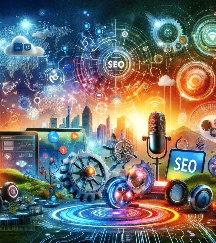 A vibrant landscape depicting the dynamic world of digital marketing, highlighting elements of social media, podcasting, SEO, and global marketing reach.