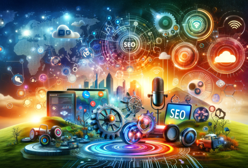A vibrant landscape depicting the dynamic world of digital marketing, highlighting elements of social media, podcasting, SEO, and global marketing reach.