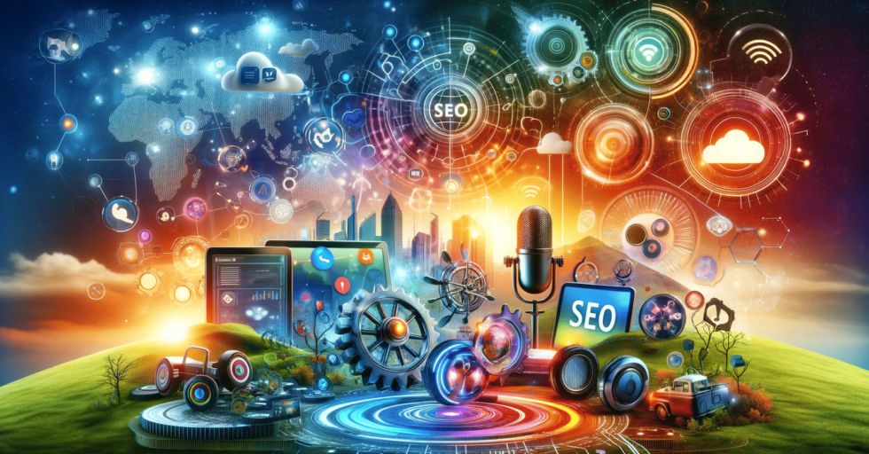 A vibrant landscape depicting the dynamic world of digital marketing, highlighting elements of social media, podcasting, SEO, and global marketing reach.