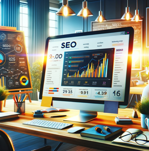 An advertising photography style image showcasing a modern, vibrant office space dedicated to SEO optimization. A computer screen is prominently displayed, illustrating SEO analytics, keyword rankings, and traffic growth graphs. To the side, a whiteboard is filled with written SEO strategies, while the desk is adorned with SEO-focused books and notes. The professional setting is enhanced by the presence of a potted plant and a coffee cup, symbolizing a dynamic, productive, and creative work environment