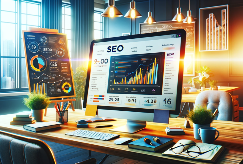 An advertising photography style image showcasing a modern, vibrant office space dedicated to SEO optimization. A computer screen is prominently displayed, illustrating SEO analytics, keyword rankings, and traffic growth graphs. To the side, a whiteboard is filled with written SEO strategies, while the desk is adorned with SEO-focused books and notes. The professional setting is enhanced by the presence of a potted plant and a coffee cup, symbolizing a dynamic, productive, and creative work environment