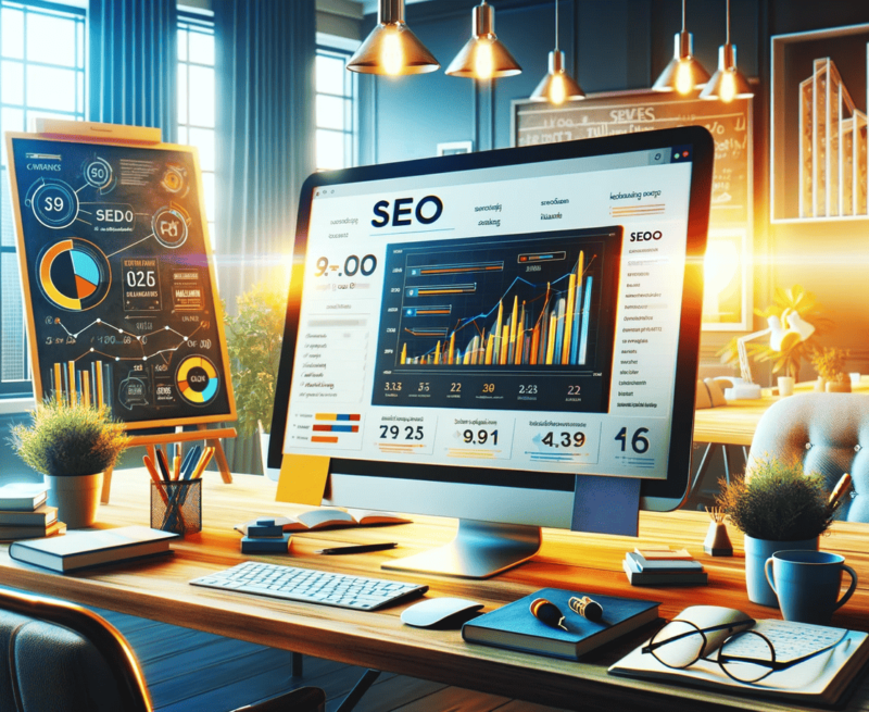 An advertising photography style image showcasing a modern, vibrant office space dedicated to SEO optimization. A computer screen is prominently displayed, illustrating SEO analytics, keyword rankings, and traffic growth graphs. To the side, a whiteboard is filled with written SEO strategies, while the desk is adorned with SEO-focused books and notes. The professional setting is enhanced by the presence of a potted plant and a coffee cup, symbolizing a dynamic, productive, and creative work environment