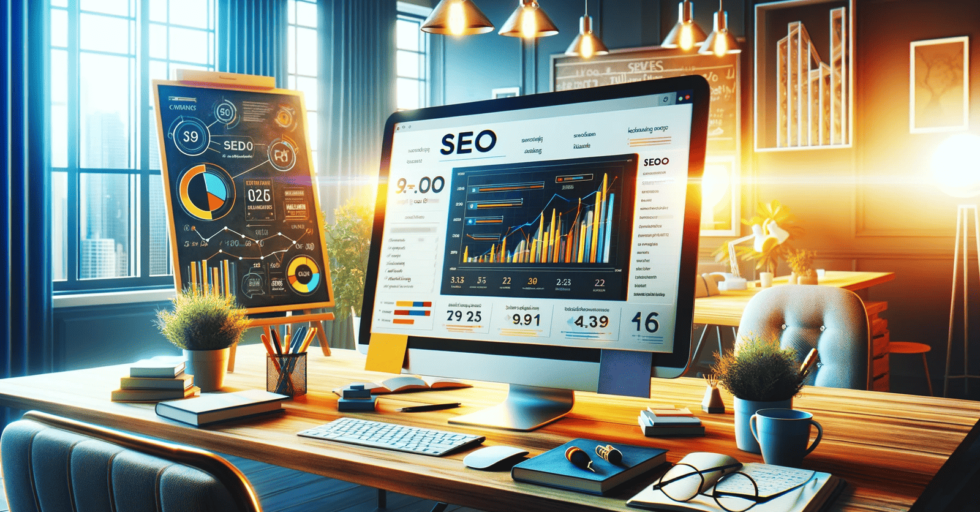 An advertising photography style image showcasing a modern, vibrant office space dedicated to SEO optimization. A computer screen is prominently displayed, illustrating SEO analytics, keyword rankings, and traffic growth graphs. To the side, a whiteboard is filled with written SEO strategies, while the desk is adorned with SEO-focused books and notes. The professional setting is enhanced by the presence of a potted plant and a coffee cup, symbolizing a dynamic, productive, and creative work environment