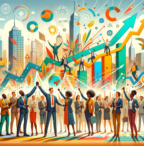 A conceptual art style image illustrating a diverse group of executives, each from different ethnic backgrounds, celebrating their business achievements. They are surrounded by abstract symbols of growth, including upward arrows and stylized charts, set against a backdrop of a lively cityscape. The artwork is vibrant and engaging, capturing the essence of inclusivity, progress, and the dynamic nature of a multicultural corporate environment.