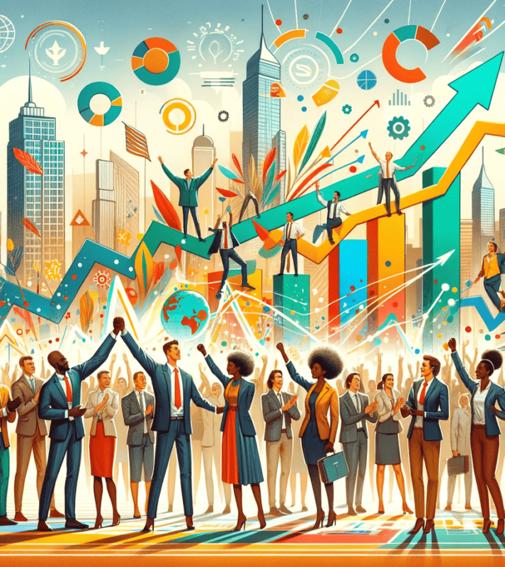 A conceptual art style image illustrating a diverse group of executives, each from different ethnic backgrounds, celebrating their business achievements. They are surrounded by abstract symbols of growth, including upward arrows and stylized charts, set against a backdrop of a lively cityscape. The artwork is vibrant and engaging, capturing the essence of inclusivity, progress, and the dynamic nature of a multicultural corporate environment.