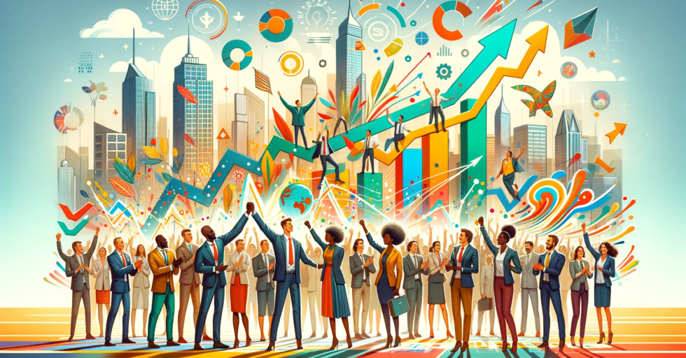 A conceptual art style image illustrating a diverse group of executives, each from different ethnic backgrounds, celebrating their business achievements. They are surrounded by abstract symbols of growth, including upward arrows and stylized charts, set against a backdrop of a lively cityscape. The artwork is vibrant and engaging, capturing the essence of inclusivity, progress, and the dynamic nature of a multicultural corporate environment.