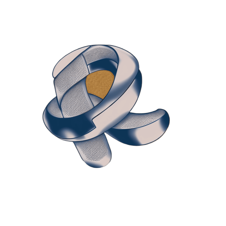 A 3D illustration of an interlocking torus shape with a textured surface, featuring blue and white colors with a golden center, against a black background.
