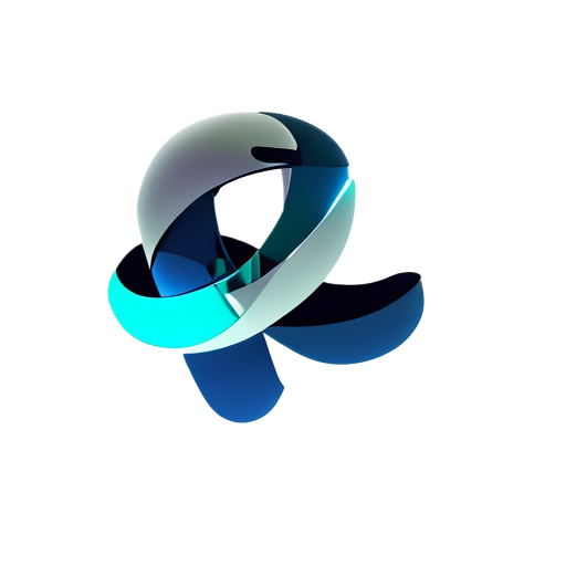 A 3D digital art piece depicting a glossy, intertwined torus with shades of black, blue, and cyan, set against a white background.