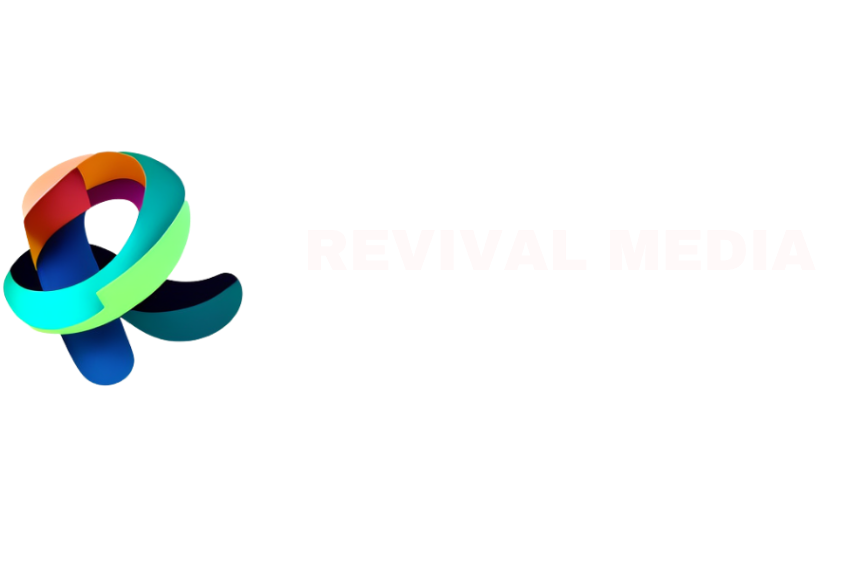 Logo of Revival Media on a black background featuring a stylized ribbon-like emblem with overlapping segments in shades of blue, green, red, and orange.