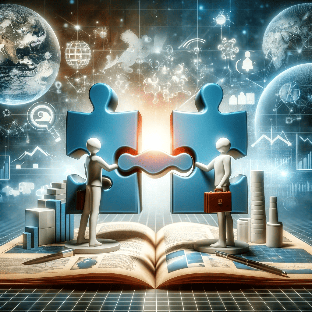 A modern and dynamic image featuring two 3D figures, one representing a client company and the other symbolizing Revival Media Agency. Each figure is holding a piece of a jigsaw puzzle that fits together in the center, against a backdrop of a digital landscape. This landscape includes elements of marketing, communication, and innovation, symbolizing the combined efforts and achievements of the partnership. The image emphasizes teamwork, mutual growth, and the power of collaborative success in digital marketing.